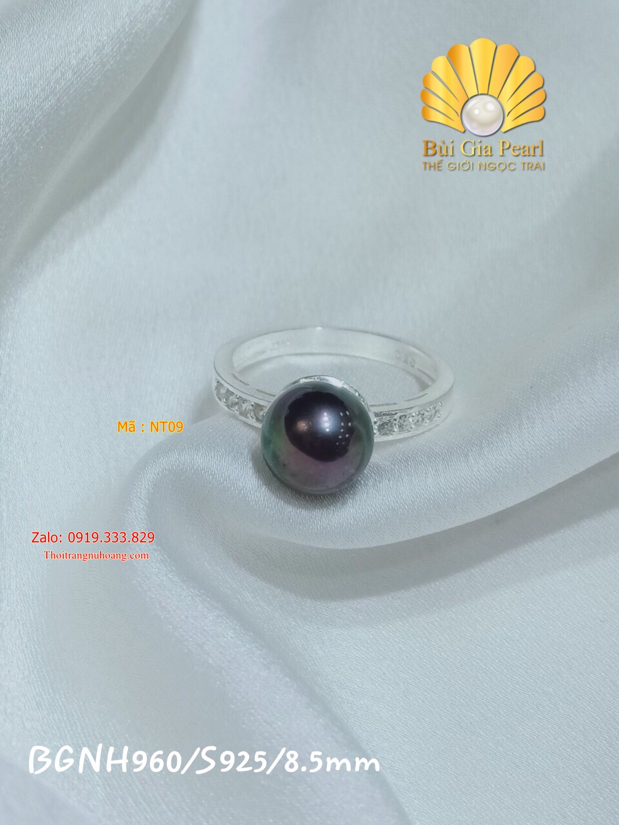 Nhẫn bạc cao cấp , đính ngọc tròn 8.5mm màu xanh đen ánh rêu NT10